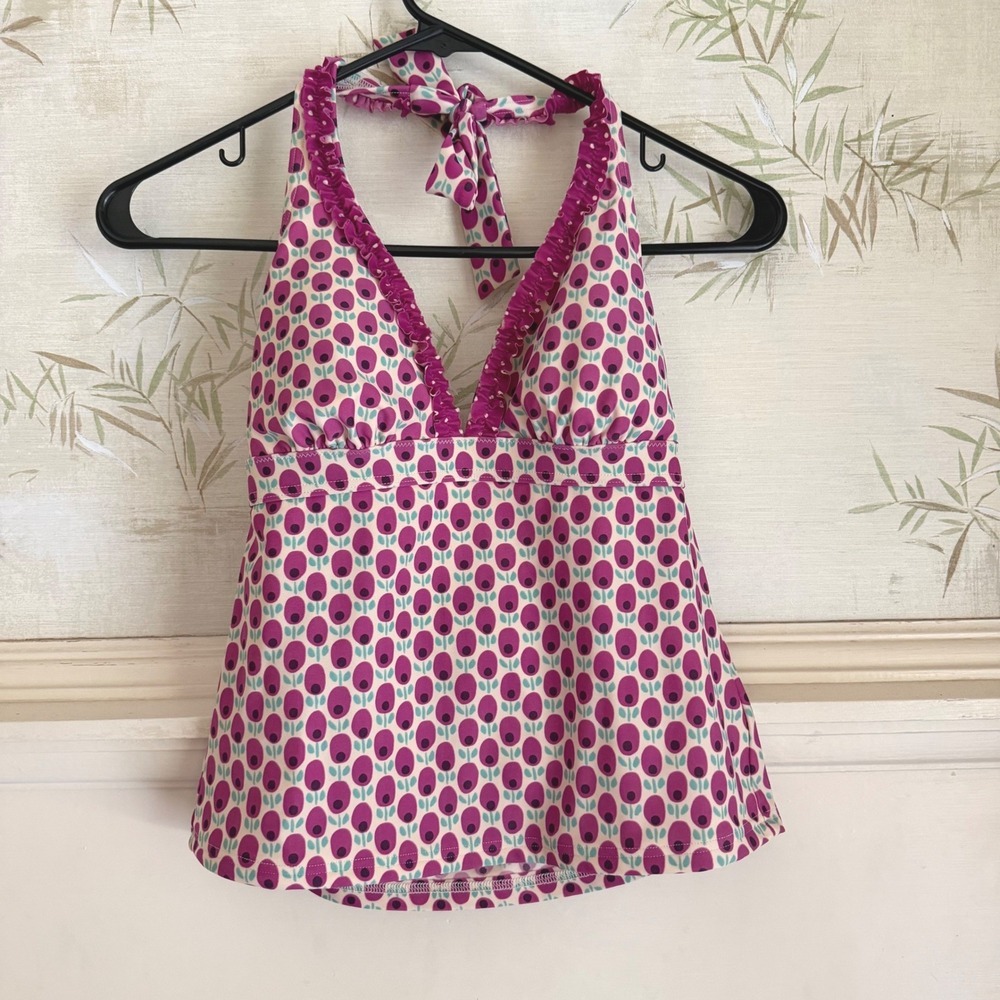 Boden Halter Tankini Swim Top - Pink Purple Floral Ruffle V-Neck WB029 - Sz 4